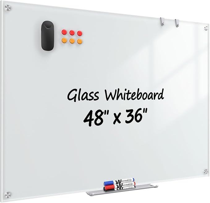 Glass Whiteboard 48" x 36", Frameless Wall Mounted Dry Erase Board with Tempered Glass Surface, Steel-Backed Magnetic Support, Tray, Eraser, Markers & Magnets for Office, School, Home