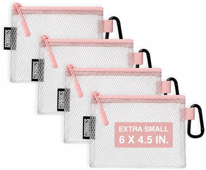 GOBAGS Air Production Extra Small Clear Zipper Pouch (4-Pack) – Cable Organizer & Travel Gear Bag for Electronics, Camera Accessories, Tool Pouch & Small Tech Storage (Pink)
