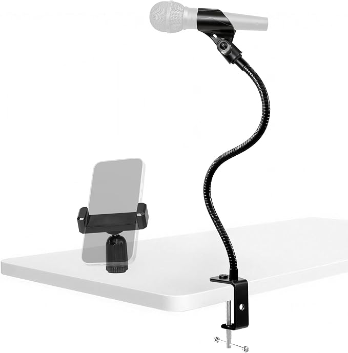 BILIONE 2 In 1 Gooseneck Mic Stand with Phone Clip, 13 Inch Flexible Mic Arm Desk Mount for Podium, Lecture, Podcast, Studio, Microphone Holder Compatible with Shure SM58, Beta 58A, Samson Q2U