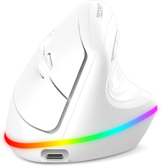 TECKNET RGB Bluetooth Ergonomic Mouse Rechargeable Wireless Multi-Device | 11 LED Backlight Modes, 4800 DPI Adjustable, Optical Tracking, Bluetooth+USB, Vertical Ergo Mice for PC, Mac, Laptop, White