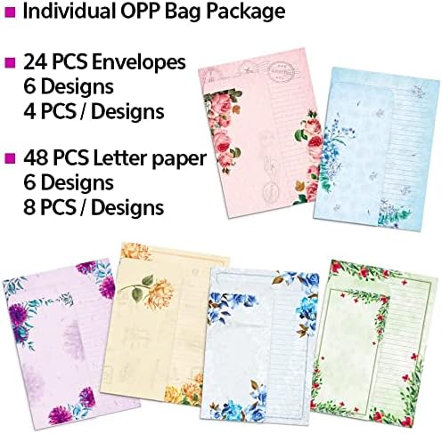 Paper Master Stationary Paper and Envelopes Set - Japanese Stationery Set with Lines Vintage Floral Letter Paper - 48 Sheets + 24 Envelopes, 7 x 10 Inch of Each Stationary Paper