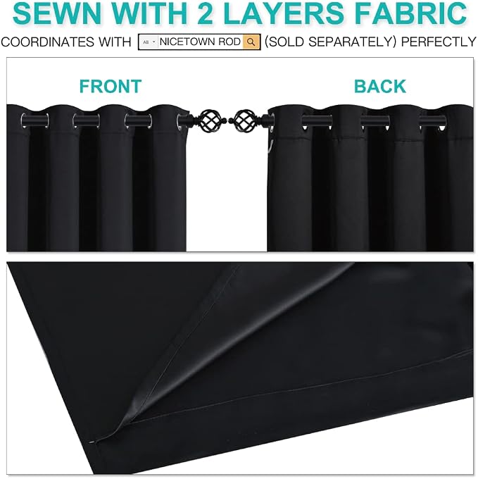 NICETOWN Extra Long Truly Blackout Drapes for Hall and Villa, 100% Blackout Window Curtain Panels with Black Lined for Night Shift Worker, 52-inch Width Each Panel, 108-inch Length, Black, 2 Pieces