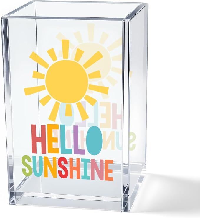 Hello Sunshine Acrylic Cosmetic Pencil Pen Holder Cup, Inspirational Sunshine Desk Organizer Accessories for Home Office Decor, Motivational Appreciation Gifts for Coworker Teacher Secretary