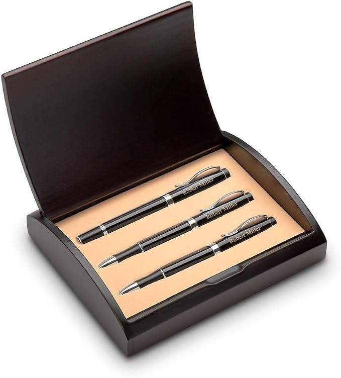 Executive Gift Shoppe | Laser Engraved Three Piece Black & Silver Pen & Pencil Gift Set