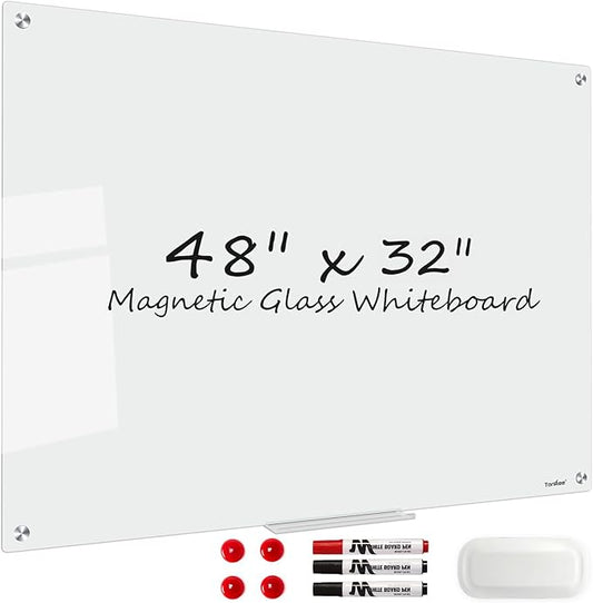 Magnetic Glass Dry Erase Board, 48” x 32” Glass Whiteboard for Wall, Large Modern White Board for Office Home School Classroom