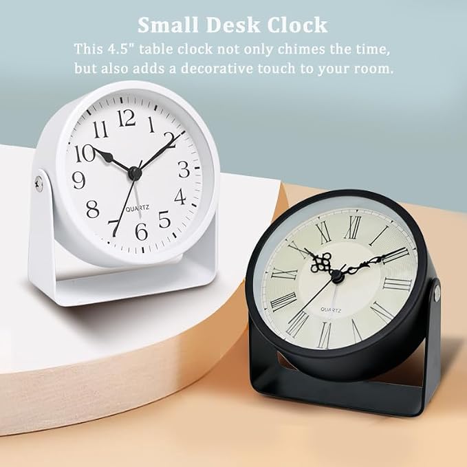 Analog Alarm Clock - 4.5" Silent Non Ticking Small Clock with Light, Rotatable Stand Metal Desk Clock Battery Operated, Simple Design for Living Room Decor/ Bedroom/Bedside/Shelf (White-Arabic)