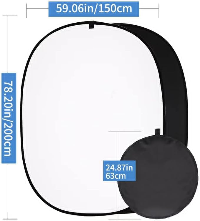 5 * 6.5 ft (2mX1.5m) 2 in 1 Polyester Muslin Black White Collapsible Backdrop Pop-Up Portable Collapsible Reversible Photography Background with Carrying Bag