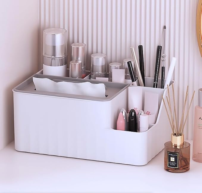 Modern Desktop Tissue Box Organizer with Phone Stand, Pencil Holder, White, Multi-Compartment Storage for Office, Makeup, Stationery (White)