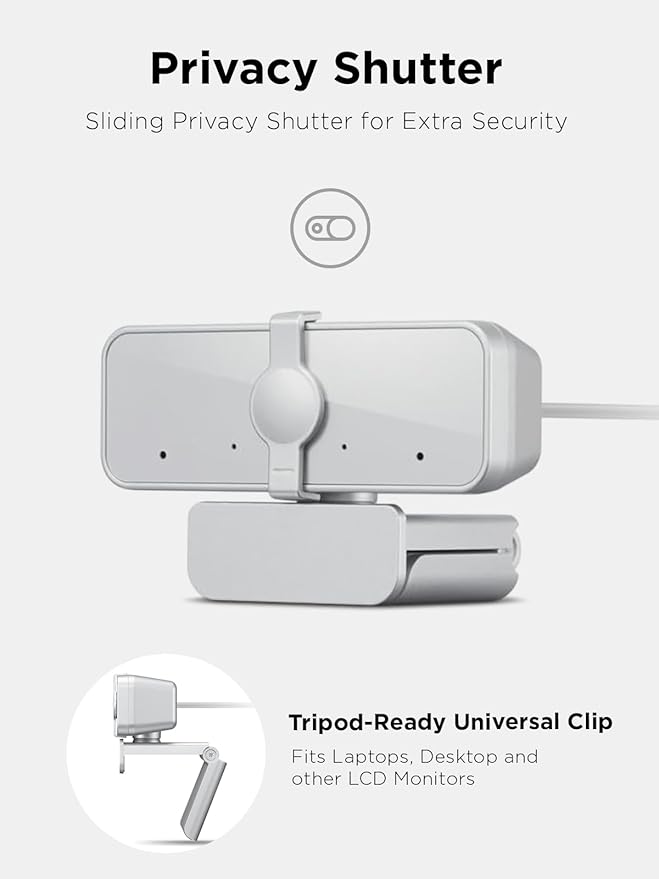 Lenovo 310 FHD Webcam, 1080p, FHD Resolution @30 FPS, Plug-and Play USB Connectivity, 1.8M Cable, 2 Integrated Microphones, External Privacy Shutter, White