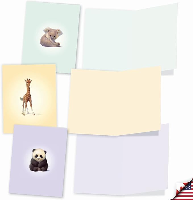 The Best Card Company Assorted Wildlife Watercolor Blank Animal Greeting Card Box Set - 10 Unique Notecards Designs + Envelopes, for Thank You, Invitations, More - Zoo Babies M6726OCB