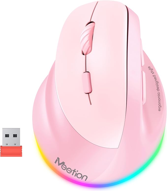MEETION Left-Handed Mouse, Ergonomic Mouse Wireless Vertical Mouse, RGB Rechargeable Mice for Bluetooth(5.2 + 3.0) & USB, 4 Adjustable DPI for Mac/Windows/PC/Tablet/iPad Pink