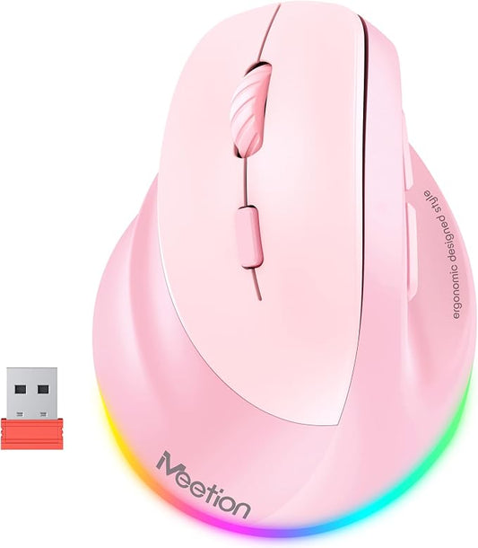 MEETION Left-Handed Mouse, Ergonomic Mouse Wireless Vertical Mouse, RGB Rechargeable Mice for Bluetooth(5.2 + 3.0) & USB, 4 Adjustable DPI for Mac/Windows/PC/Tablet/iPad Pink