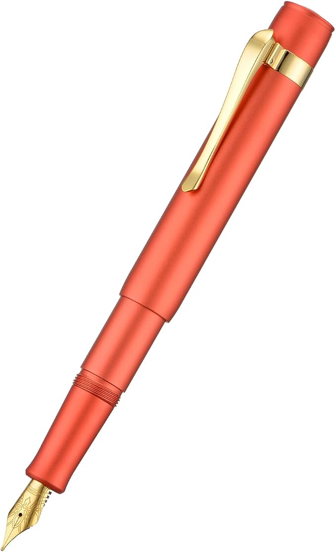 HONG DIAN M2 Mini Fountain Pen with Extra Fine Soft Golden Nib, Sleek Shape Aluminium Short Pocket Travel Pen (Orange Red)