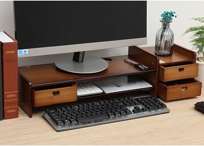 Bamboo Desk Monitor Stand with Drawer Wooden Computer Stand for Desk Monitor Riser with Storage for Laptop, PC Screen, TV, Printer, 3 Drawers + Hidden Keyboard Space