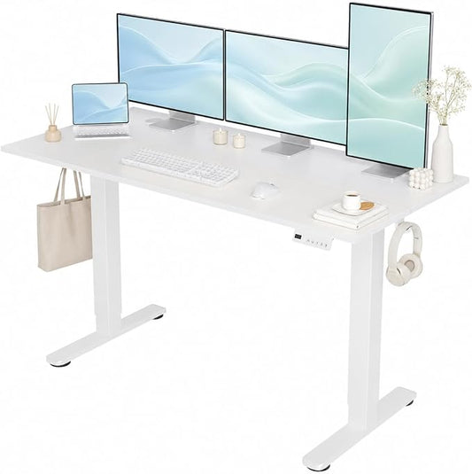 Claiks Electric Standing Desk, 55x24 Inch, White | Adjustable height for sit-stand, 156lbs capacity, scratch-resistant surface, 3 memory presets, cable management & hook.
