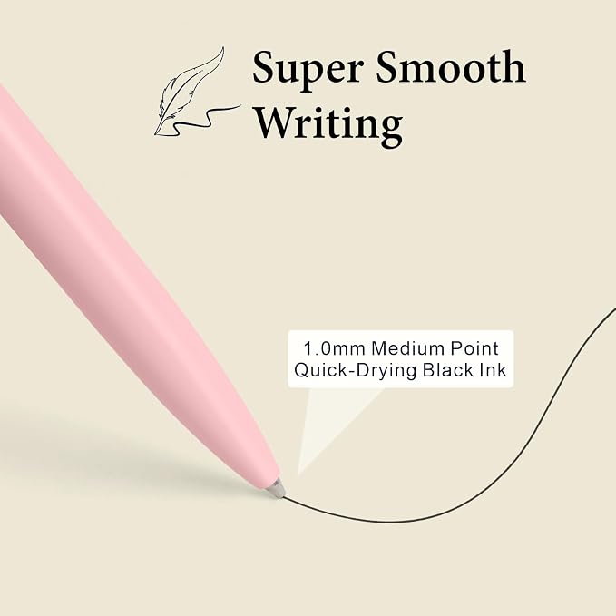 Cambond Ballpoint Pens Black Ink - Metal 1mm Medium Point Smooth Writing Click Pens Bulk, White Pink Green Retractable Pen Set for College Student Office Woker Nurse(3 Pens with 3 Refills)