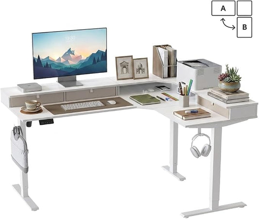 FEZIBO L Shaped Electric Standing Desk, 63 x 48 inch Large with Drawers | Reversible Tabletop, 2 Memory Height Settings | Home Office & Gaming Height-Adjustable Table, Warm White（2 Packages）