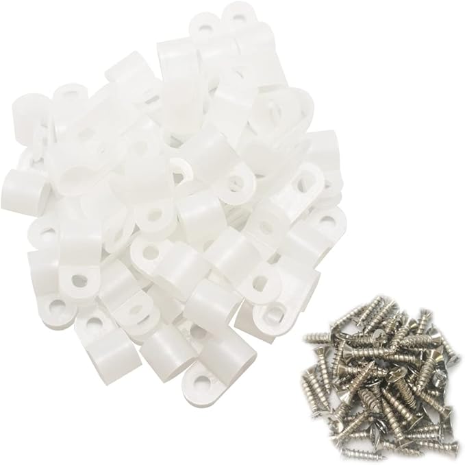 Cable Clamp R-Type Cable Clip Wire Clamp 3/8" Nylon Screw Mounting Cord Fastener Clips with Screws for Wire Management - White - 50 Pcs
