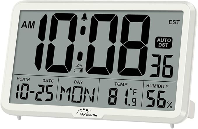 WallarGe Auto Set Digital Wall Clock Battery Operated, Auto DST | Desk Clock with Temperature, Humidity and Date, Large Display Digital Calendar Alarm Clock for Bedroom, Office, Classroom