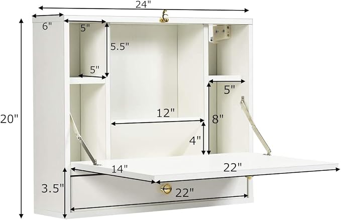 GRAFFY Wall Mounted Table, Multifunctional Folding Hanging Storage Cabinet, Space Saving Computer Desk w/Storage Drawer and Shelves, Wall Mount Laptop Desk for Home Office (White)