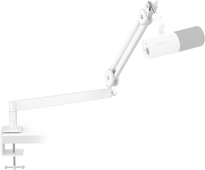 Tonor Mic Arm Desk Mount, Low Profile Boom Arm, Microphone Arm, Adjustable Mic Stand with Desk Mount Clamp, 3/8’’ and 5/8’’ Screwadapter for Most Mic, 37 cm +37 cm(14.6''+14.6''), White, T40LP