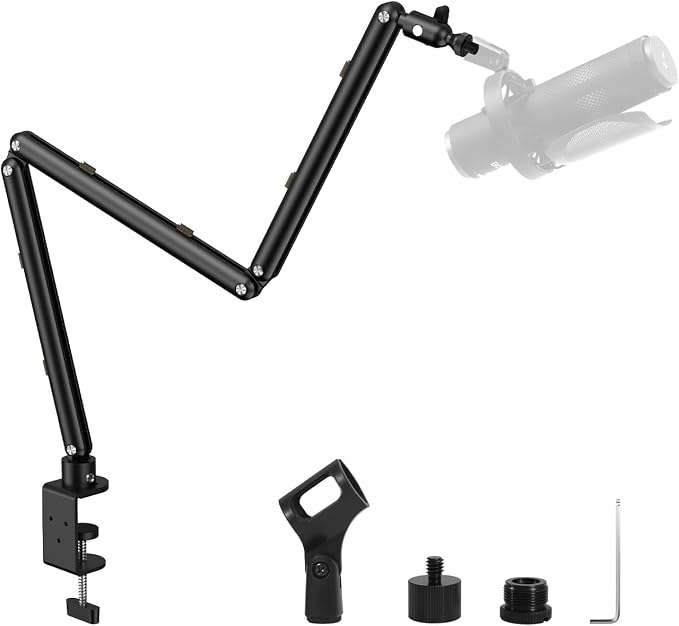 Low Profile Mic Arm for Lightweight Mics, Foldable Boom Arm with Desk Clamp, Mic Clip & 1/4" 3/8" 5/8" Adapters, 360° Metal Ball Head for Podcasting, Streaming & Gaming