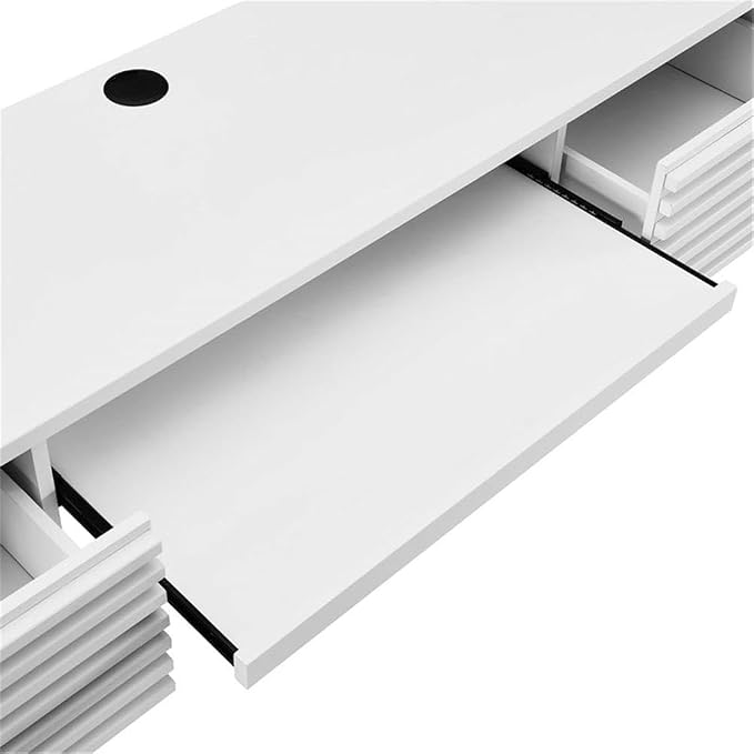 Pemberly Row Wall-Mount Office Desk, 60 in Wide Particleboard with Wood Grain Laminate, White Finish, Pull-Out Keyboard Tray, Full-Extension Drawers, Mid-Century Modern Style for Home Office or Dorm