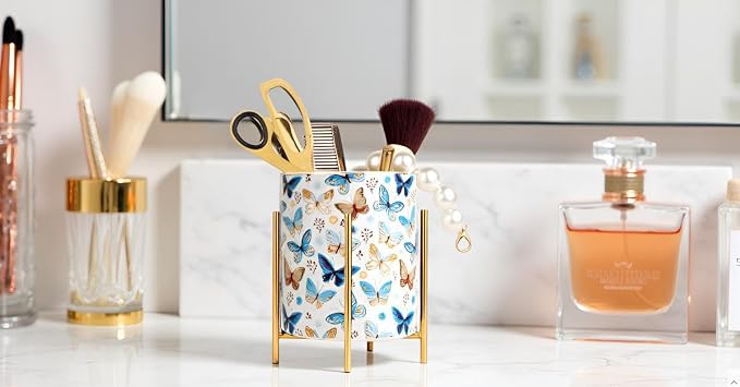 Pencil Cup Sturdy Metal frame with white Ceramic Pen Holder For Desks and kitchen Appliance Holders