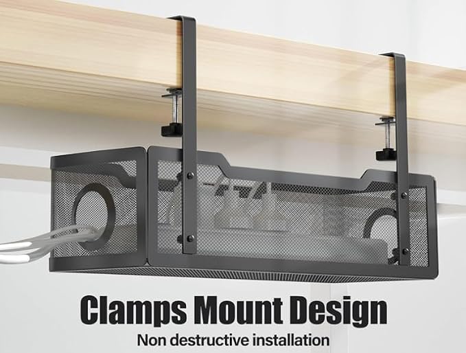 Under Desk Cable Management Tray with Clamp – No Drill Wire Organizer for Office & Home, Cord Management Box – No Damage to Desk