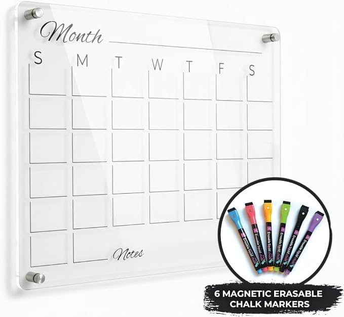 Premium Acrylic Calendar for Wall (16.75” x 13.25”) Clear Calendar & Family Reusable Planner with Vibrant Markers, Acrylic Dry Erase Board for Wall, Home, Office, or Family Command Center