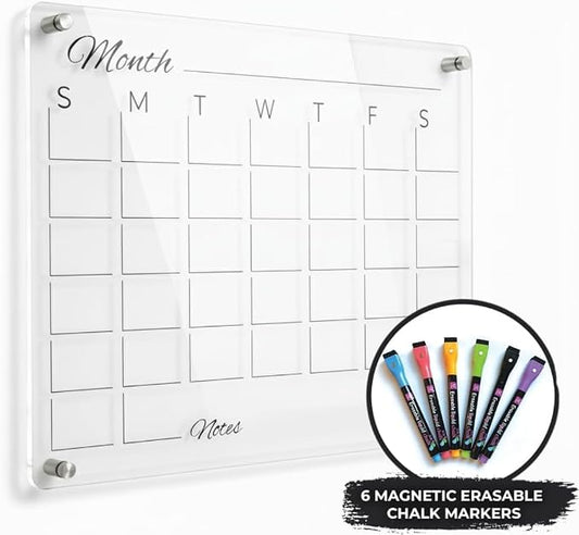 Premium Acrylic Calendar for Wall (16.75” x 13.25”) Clear Calendar & Family Reusable Planner with Vibrant Markers, Acrylic Dry Erase Board for Wall, Home, Office, or Family Command Center