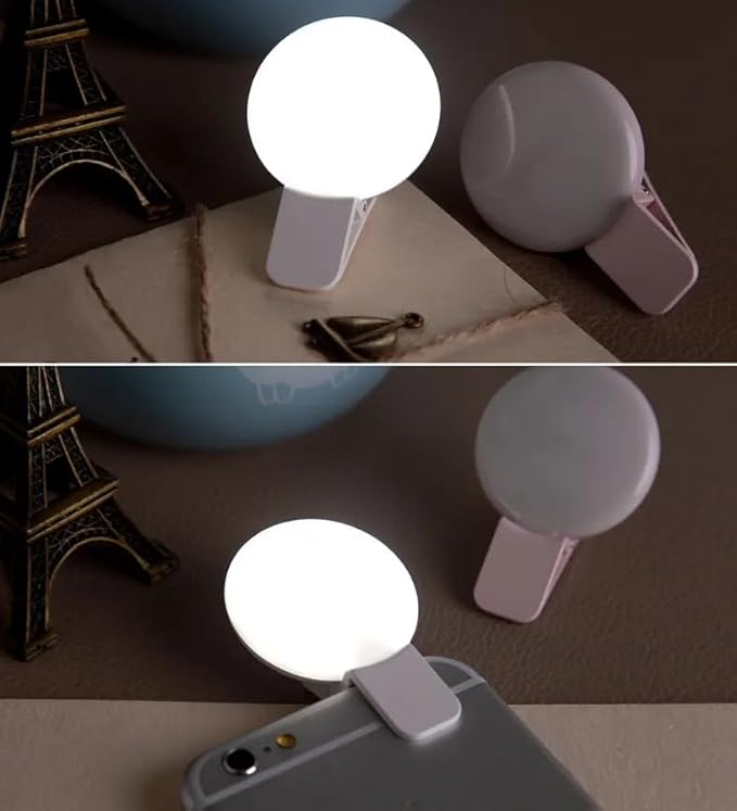 Clip-on LED Selfie Ring Light, Small Pocket-Size, 3 Brightness Levels, Rechargeable, Phone Camera Light, (White)