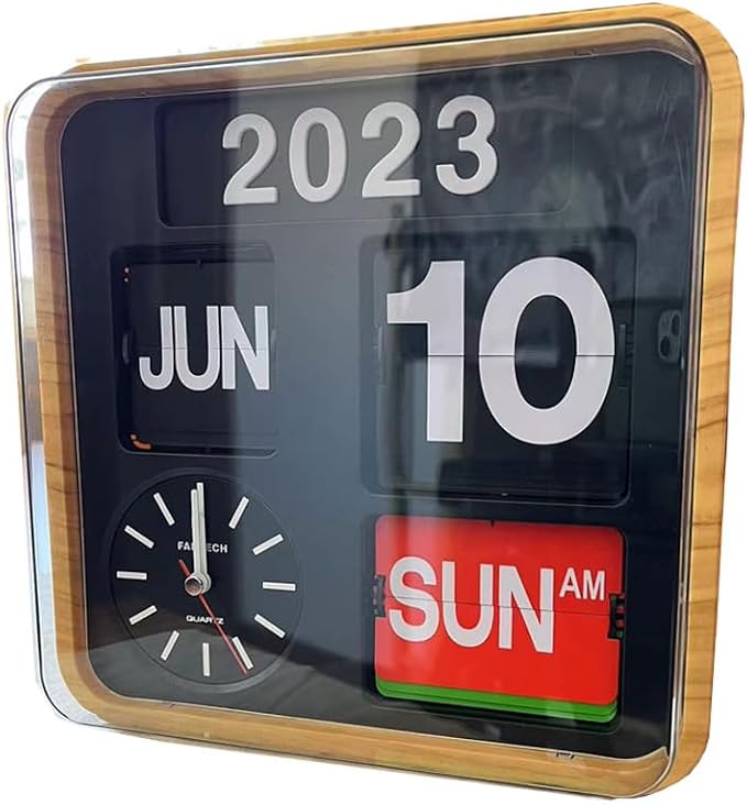 Retro Modern 9.45 Inches Calendar Day Date Flip Desk Wall Clock (Wood Grain)(No Battery Included)