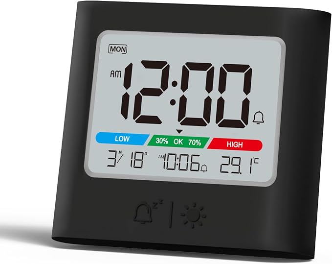 ALANAS Small Battery Operated Alarm Clock, Date Temperature Humidity Diaplay, Compact Travel Digital Clocks, Snooze, Backlight, Wall Mountable, for Student Dorm, Small Spaces, Desk, Shelf