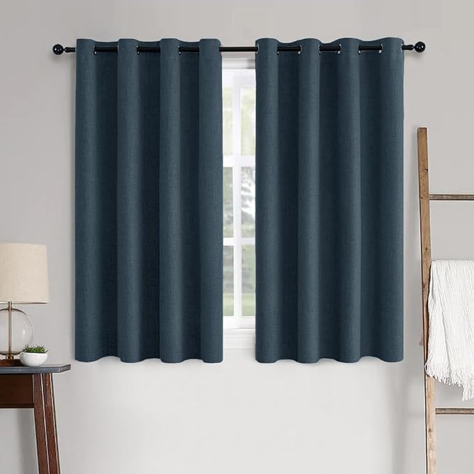 MIULEE 100% Blackout Linen Textured Curtains for Bedroom Solid Thermal Insulated Navy Grommet Room Darkening Curtains & Drapes Luxury Decor for Living Room 52 x 45 Inch (2 Panels)