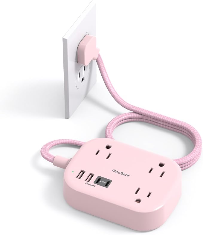 Cruise Essentials 2026,Travel Power Strip with USB C,Flat Plug Extension Cord with 3 Outlets 4 USB Ports(2 USB C),6 ft Desk Wall Outlet Extender,Non Surge Protector for Cruise,Dorm Room,ETL-Pink