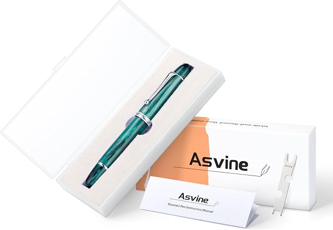 Asvine V800 Fountain Pen – Vacuum Filling System with Large Ink Capacity – Smooth Number 8 Fine Nib with Gift Case and Wrench- Green Acrylic