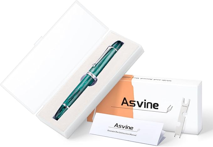 Asvine V800 Fountain Pen – Vacuum Filling System with Large Ink Capacity – Smooth Number 8 Extra Fine Nib with Gift Case and Wrench- Green Acrylic