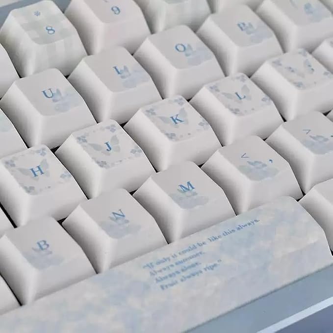 White & Blue PBT Keycaps - Cherry Profile 5-Sided Dye-Sublimation Sweet Butterfly Keycap Set 127 Keys for 60%/65%/75%/80%/100% Mechanical Keyboard