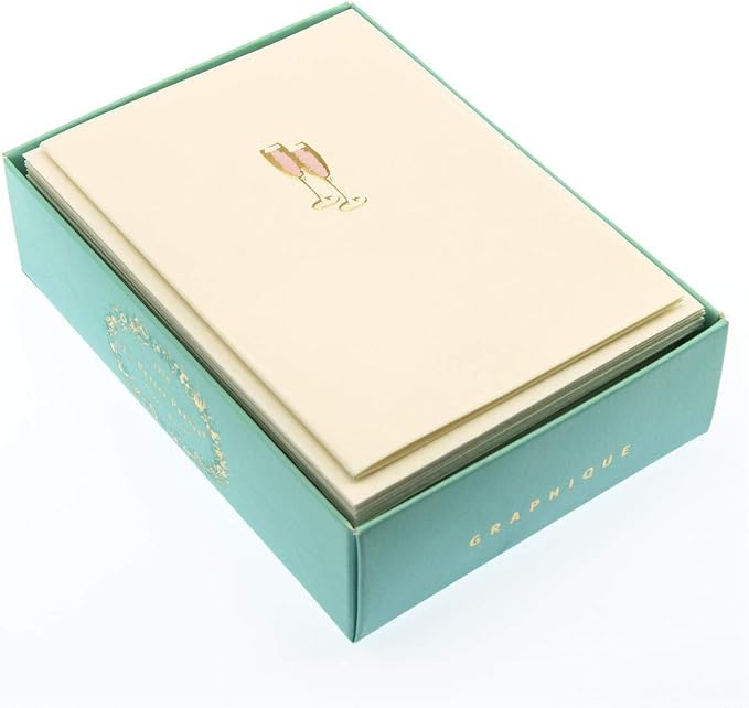 Graphique Pink Champagne La Petite Presse Boxed Notecards - 10 Embellished Gold Foil Champagne Blank Cards with Matching Envelopes, 3.25" x 4.75"