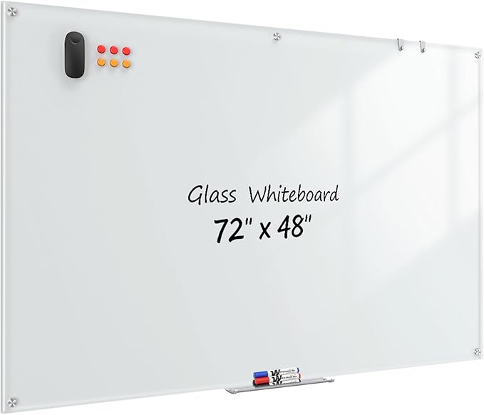 Glass Whiteboard 72" x 48", Frameless Wall Mounted Dry Erase Board with Tempered Glass Surface, Steel-Backed Magnetic Support, Tray, Eraser, Markers & Magnets for Office, School, Home