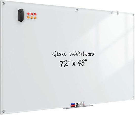 Glass Whiteboard 72" x 48", Frameless Wall Mounted Dry Erase Board with Tempered Glass Surface, Steel-Backed Magnetic Support, Tray, Eraser, Markers & Magnets for Office, School, Home
