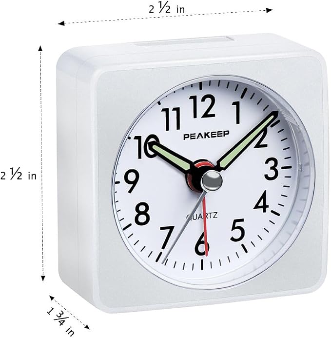 Peakeep Ultra Small, Battery Travel Alarm Clock with Snooze and Light | Silent No Ticking Analog Quartz Clock (White)