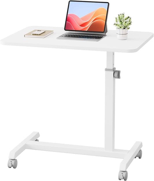 GTPLAYER Small Standing Desk, 24 Inches Mobile Rolling Laptop PC Table with Lockable Casters, Adjustable Height Overbed Bedside Table Computer Workstation for Home Office, White-Fixed