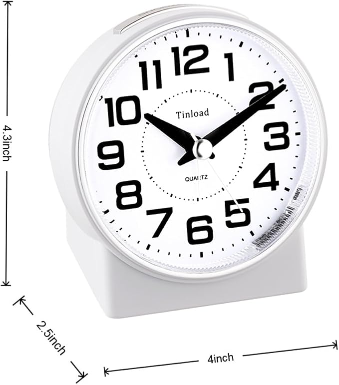 Tinload 4.3" No Ticking Analog Alarm Clock,Silent Readable for Seniors,Easy to Set,Gradual Rise Alarm,Big Numbers,On/Off Switch on Side,Gentle Wake,Snooze,Lighted on Demand,Battery Operated,White