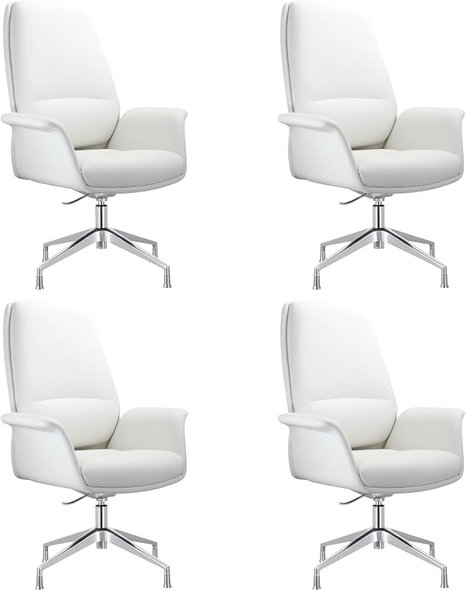 LeisureMod Mid-Century Modern Swivel Office Chair, Adjustable Height with Faux Leather Seat and Aluminum Frame (White, Set of 4)