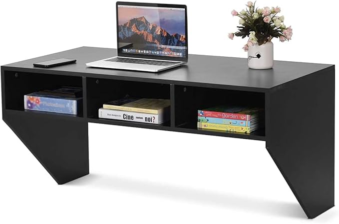 Giantex Wall Mounted Desk Floating Computer Desk, Writing Study Table W/3 Storage Shelves, Laptop PC Table for Living Room, Bedroom, Office (Black)