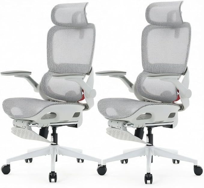 SIHOO B100 PRO Ergonomic Office Chair with Footrest, Mesh Office Chair with Adaptive Lumbar Support, Computer Chair with Wide Headrest, Desk Chair with Flip-Up Armrests, 2 Packs, Light Grey