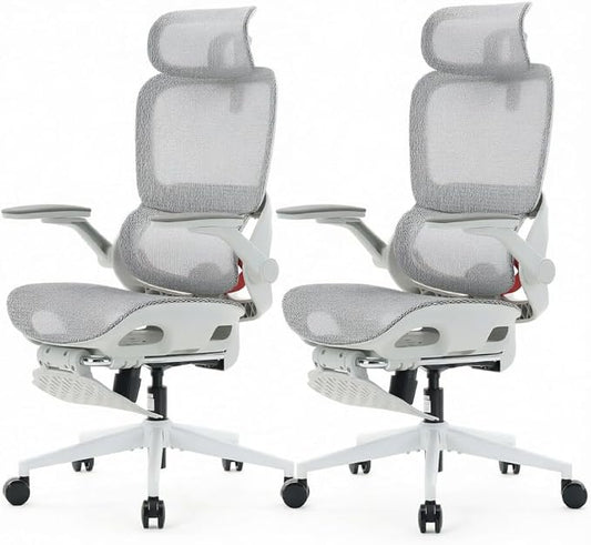 SIHOO B100 PRO Ergonomic Office Chair with Footrest, Mesh Office Chair with Adaptive Lumbar Support, Computer Chair with Wide Headrest, Desk Chair with Flip-Up Armrests, 2 Packs, Light Grey