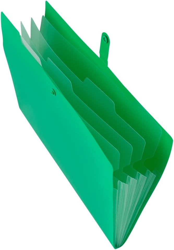 JAM PAPER Slim Expanding File Folder - 5 Pocket Plastic File Folder – Snap Closure - 9 x 11 1/2 - Green - Sold Individually
